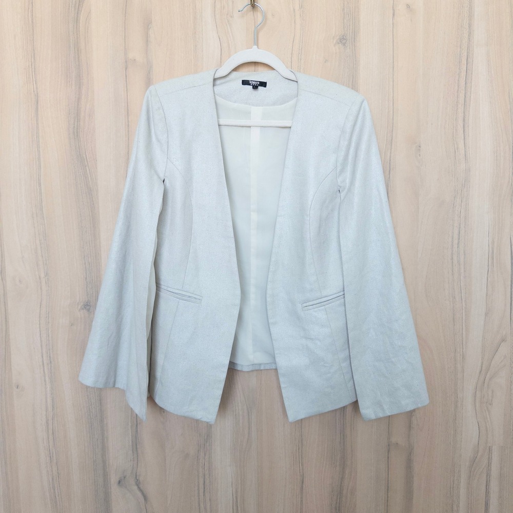Tesoro Moda Womens Linen Blend Blazer L Cream Cape Sleeve Herringbone Classic